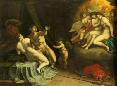 pictură - Anonim italian (în registrul inventar: anonim din școala bologneză); Marte și Venus prinși în plasă de Vulcan