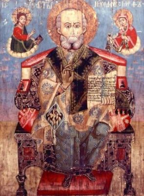 icoană; Sfântul Nicolae Mare Arhiereu tronând, primind însemnele episcopale