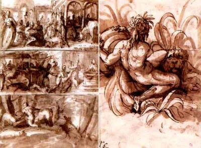 desen - Zucchi, Jacopo; Figură alegorică reprezentând un zeu fluvial (față); Istoria Fiului risipitor (verso)