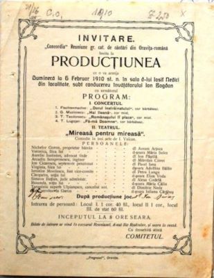 Tipografia Progresul; Invitație din partea Reuniunii greco-catolice „Concordia” din Oravița la spectacol în sala Iosif Nedici