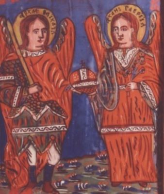 icoană pe sticlă; Sfinții Arhangheli Mihail și Gavril