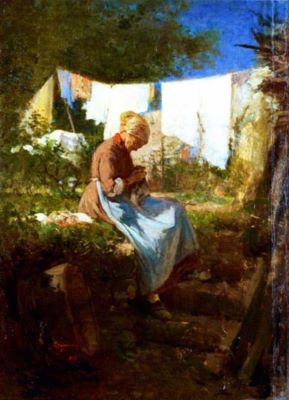 pictură - Grigorescu, Nicolae; Bătrână cârpind