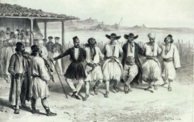 litografie - Raffet, Auguste-Denis-Marie; La jok. Danse valaque. Tchernecz, Valachie/La joc. Dans valah din Cerneți, Valahia
