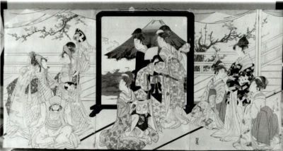 gravură - Toyohiro, Utagawa; Saga Monogatari - triptic