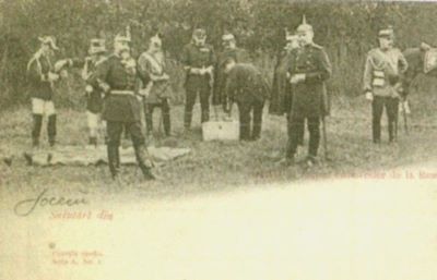 Carte poștală ilustrată - Socecu; Regele Carol I și ofițerii superiori luând gustarea
