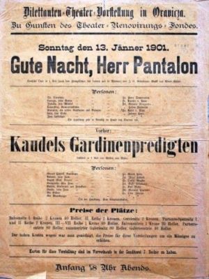 Afiș al spectacolului „Gute nacht, Herr Pantalon” organizat de Teatrul Diletanților din Oravița