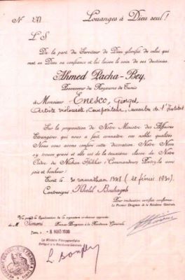 Rezidența Generală a Franței în Tunis; Brevet prin care regele Tunisiei Ahmed Pacha-Bey îl decoreză pe George Enescu cu Ordinul „Nichan Iftikhar”, în grad de Comandor