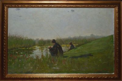 pictură de șevalet - Petrescu, Nicolae Mogoș; La pescuit (Băneasa)
