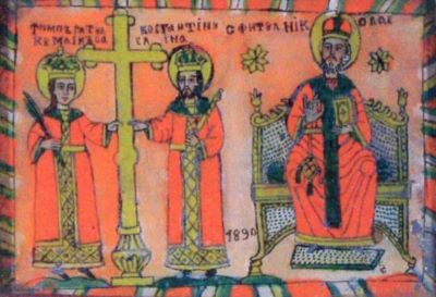icoană pe sticlă; Sfinții Împărați Constantin și Elena, Sfântul Nicolae