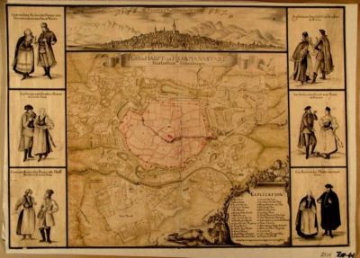 desen; Vedere și planul Sibiului la mijlocul secolului al XVIII-lea