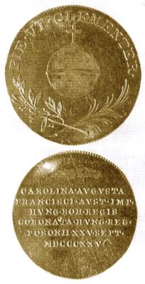 Medalie (jeton) dedicată încoronării Carolinei Augusta de Bavaria ca regină a Ungariei