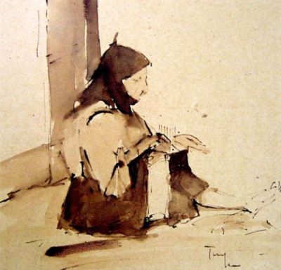 desen - Tonitza, Nicolae; Portret de bătrână (Compoziție figurativă)