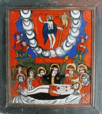 icoană pe sticlă; Îngroparea lui Iisus Hristos; Înălțarea lui Iisus Hristos la ceruri (Plângerea, Prohodul)