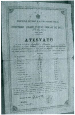 Ministerul Culturii și a Instrucțiunii Publice; Atestat de absolvire a școlii publice primare din Sărărie, Iași, al lui Alexandru I. Lapedatu