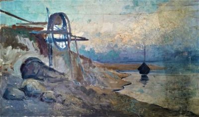 pictură de șevalet - Satmary, Alexandru C.; Peisaj cu barcă în golf