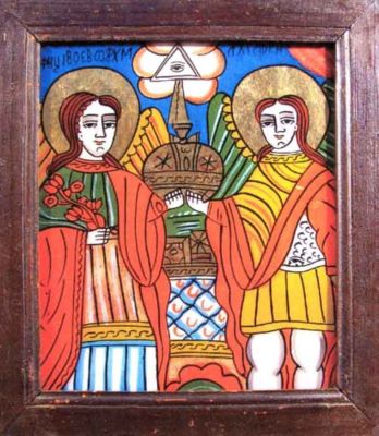 icoană pe sticlă; Sfinții Arhangheli Mihail și Gavriil