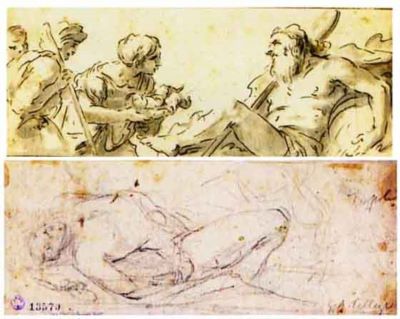desen - Pellegrini, Giovanni Antonio; Scenă mitologică (față); Schița unui nud de bărbat (verso)
