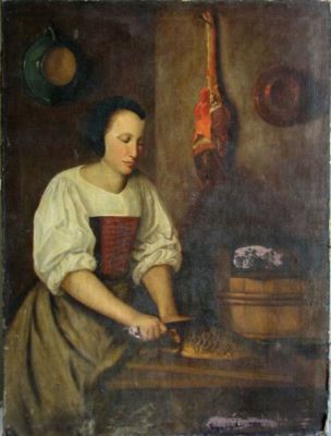 pictură; Bucătăreasă curățind peșe