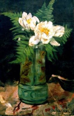 pictură - Rozier, Dominique Hubert; Vas cu bujori albi