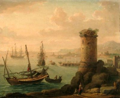 pictură - Lint, Hendrick Frans van; Port maritim cu turn rotund