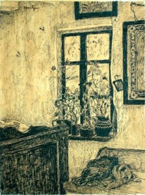 desen - Tonitza, Nicolae; Interior țărănesc (Obiecte și flori)