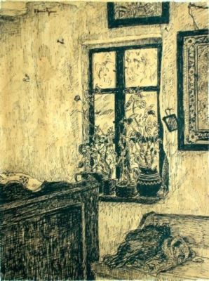 desen - Tonitza, Nicolae; Interior țărănesc (Obiecte și flori)