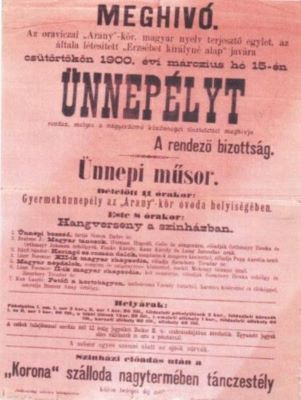 Tipografia Wunder Károlynál; Afiș al Uniunii orăvițene „Arany-kor” pentru spectacolul din 15 martie 1900