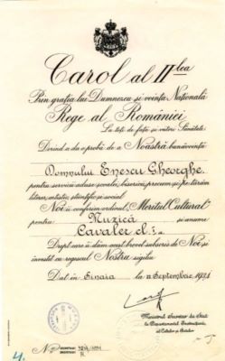 Ministerul Instrucțiunii, Cultelor și Artelor; Brevet semnat de regele Carol al II-lea prin care se conferă Ordinul „Meritul Cultural” în grad de Cavaler clasa I lui George Enescu
