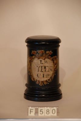 borcan farmaceutic - necunoscut; Borcan din lemn negru signatură în stil baroc baroc
