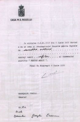 Casa M. S. Regelui; Brevet semnat de regele Carol al II-lea prin care George Enescu este numit Ofițer al însemnului onorific „Pentru Merit”