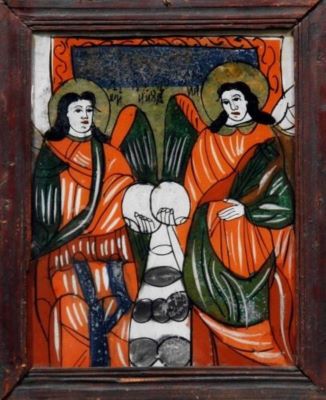 icoană pe sticlă; Sfinții Arhangheli Mihail și Gavriil