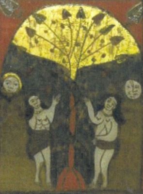 icoană pe lemn; Adam și Eva - Pomul Raiului