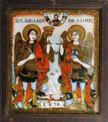 icoană pe sticlă - Moga, Savu; Sfinții Arhangheli Mihail și Gavriil