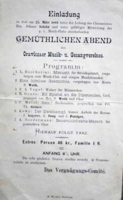 Tipografia Karl Wunder; Invitație la spectacolul de muzică „Gemüthlichen Abend” organizat de Reuniunea de Muzică și Cântări