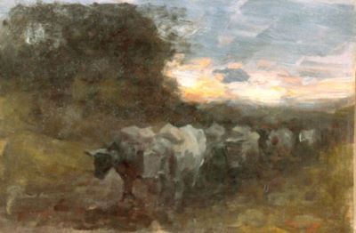 pictură - Grigorescu, Nicolae; Car cu boi în apus de soare
