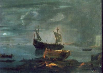 pictură - Verschuur, Lieve; Port maritim la apusul soarelui