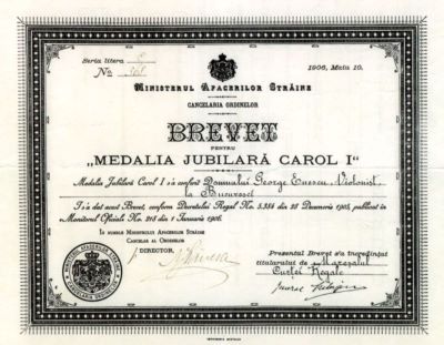 Ministerul Afacerilor Străine, Cancelaria Ordinelor; Brevet pentru „Medalia Jubiliară Carol I” conferit lui George Enescu