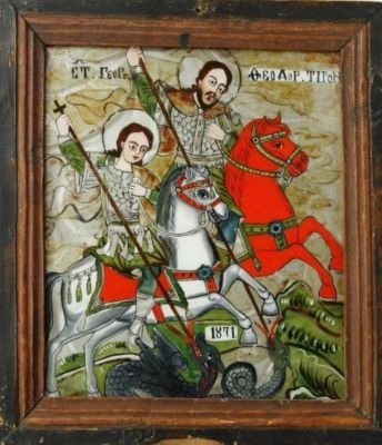 icoană pe sticlă - Moga, Savu; Sfinții militari Gheorghe și Teodor Tiron