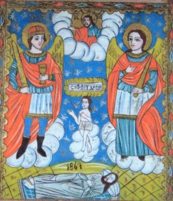 icoană pe sticlă - Moga, Savu; Sfinții Arhangheli Mihail și Gavril