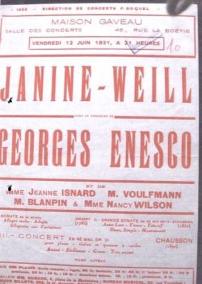Afiș-program concert Janine Weill - Georges Enesco