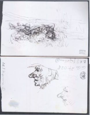 grafică - Grigorescu, Nicolae; Schiță nedefinită (Fetiță jucându-se cu un miel); verso: Două profile de bărbat