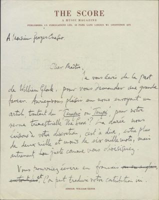 Scrisoare adresată lui George Enescu de către subredactorul publicației londoneze „The Score. A Music Magazine‟