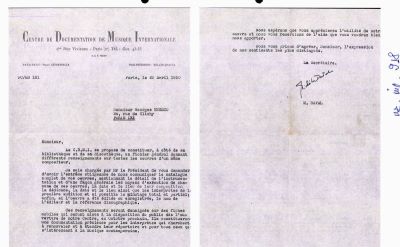 Michele Daval; Scrisoare trimisă de Michele Daval secretară a „Centre de Documentation de Musique Internationale” din Paris lui George Enescu