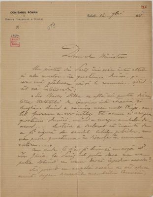 Scrisoarea a fost redactată de generalul E. Pencovici; Scrisoare trimisă de generalul E. Pencovici, comisarul României în cadrul Comisiei Europene a Dunării, lui Mihail Kogălniceanu, ministrul de externe al României