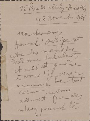 Scrisoare trimisă de Enescu, George, compozitorului Mihail Andricu (Michel Andrico)
