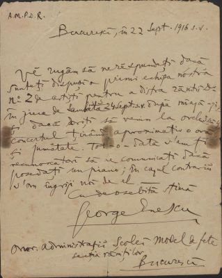 Scrisoare adresată de George Enescu Administrației Școlii Model de Fete, Secția Răniților, București