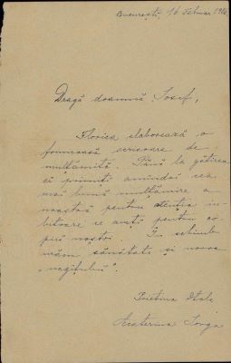 corespondență - Scrisoarea a fost redactată de Ecaterina Iorga; Scrisoare adresată Nataliei Negru Iosif de Ecaterina Iorga