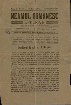 articol tipărit - Articolul semnat de Nicolae Iorga face parte din ziarul „Neamul românesc literar”; Primele două file din ziarul „Neamul românesc literar”, Anul II, Nr. 44, 31 octombrie 1910, cu articolul Scriitorul de azi: D. Anghel de Nicolae Iorga