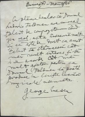 Scrisoare de recomandare din partea compozitorului George Enescu, destinatar necunoscut