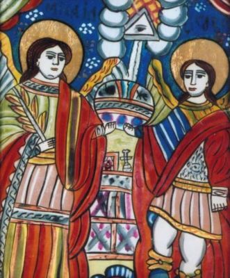 icoană pe sticlă; Arhanghelii Mihail și Gavril